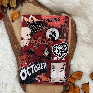May include: A rectangular sticker sheet featuring a dark red background with various Halloween-themed illustrations including a ghost, a witch, pumpkins, a vampire, and text that reads "Have a CHILLING Face!", "HALLOWEEN WILL NEVER DIE", "SPOOKY BITCH CLUB", "BOO", and "OCTOBER".