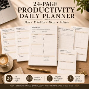 May include: A 24-page productivity daily planner set featuring various templates including goals at a glance, time block plans, daily plans, habit trackers, weekly overviews, and a priority matrix. The pages are white with black text and beige accents.