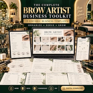 Könnte beinhalten: Ein digitales Business-Toolkit für Augenbrauen-Stylisten mit 13 bearbeitbaren Vorlagen auf Laptop, Tablet und Smartphone sowie gedruckten Formularen wie Beratungsbögen, Mapping-Blättern, Einverständniserklärungen und Preislisten.