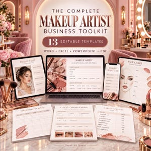 Verktygslåda för makeupartister, redigerbara sminkformulär, kundkonsultation, samtycke, ansiktsdiagram, provkörning av bröllop och lagerspårning