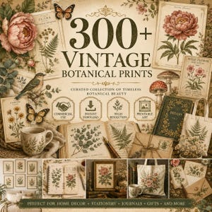 May include: A digital collection of 300+ vintage botanical prints featuring illustrations of flowers, ferns, mushrooms, and birds. The set includes various printable art designs, stationery, and journal elements with a classic, aged paper aesthetic.