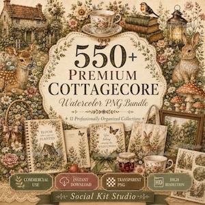 550 Premium Cottagecore Watercolor PNG Bundle | 11 Organized Collections |Woodland Animals, Wildflowers, Mushrooms & Vintage Cottage Clipart