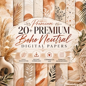 Op de afbeelding: Een collectie digitaal papier in neutrale en terracottatinten met patronen waaronder abstracte vormen, lijntekeningen, botanische illustraties en texturen. De tekst luidt Premium 20+ PREMIUM Boho Neutral DIGITAL PAPERS.