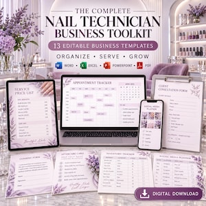 Puede incluir: El kit de herramientas empresarial completo para técnicos de uñas incluye 13 plantillas editables que presentan una lista de precios, rastreador de citas, formulario de consulta, formulario de consentimiento y planificador de redes sociales.