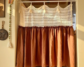 Terracotta Half Curtain, French Vintage Tie-Top Cafe Curtain,Elegant Privacy Valance for Kitchen, Cabinet, or Doorway,Small Window Treatment