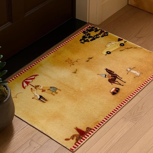 May include: Rectangular doormat with a beach scene design. The mat features a tan background with illustrations of people, a taxi, and a horse. It has a red and white striped border.