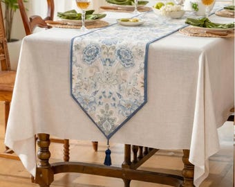 European Classical Damask Floral Table Runner, Blue and White Tablecloth Decor, Vintage Dining Table Centerpiece & Home Soft Furnishings