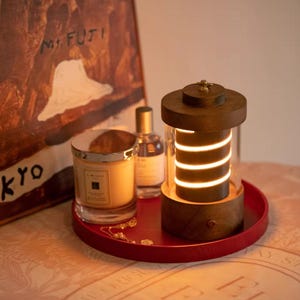 Mid Century Table Light,Vintage Edison Cordless Camping Lantern | Wood Rechargeable Table Lamp |Ambient Night Light for Bedroom  Outdoor