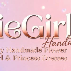 May include: A banner featuring the text EllieGirls Handmade Luxury Handmade Flower Girl & Princess Dresses, a purple castle illustration, and a child wearing a cream-coloured tiered dress with floral embellishments against a pink background.