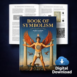 Puede incluir: Un libro titulado "Book of Symbolism" de Harry B Joseph, con una ilustración de un hombre alado, una estrella y una serpiente. La imagen incluye el texto "Digital Download" y libros abiertos con texto y diagramas.