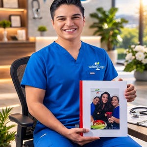 Puede incluir: Una persona con una casaca azul brillante de cuello en V y pantalones a juego, sosteniendo una carpeta blanca con lomo rojo. La portada de la carpeta muestra una foto de tres personas y el texto Wellness Center by Dr. David Velez.
