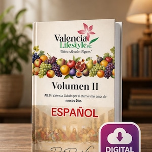 May include: A book cover with the title "Volumen II" in Spanish, featuring a colorful illustration of various fruits. The cover also displays the text "Valencia Lifestyle Inc." and "Digital Download" with a purple icon.
