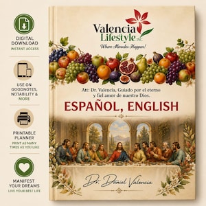 May include: A book cover titled Valencia Lifestyle Inc. Where Miracles Happen! featuring a colorful illustration of assorted fruits at the top and a depiction of the Last Supper at the bottom. The text reads ESPAÑOL, ENGLISH and Dr. Daniel Valencia.