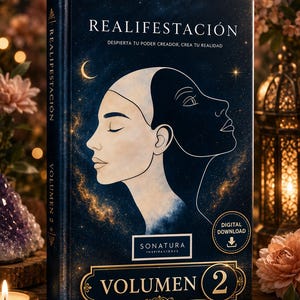 May include: A dark blue hardcover book titled REALIFESTACIÓN with the subtitle DESPIERTA TU PODER CREADOR, CREA TU REALIDAD. The cover features a dual-profile illustration, a crescent moon, stars, and a gold badge labeled VOLUMEN 2.