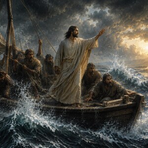 Jesus Calming The Storm Sea Of Galilee Canvas Art, Jesus Stillt Den Sturm Wandbild, Calming The Waves Painting, Religiöse Deko Canvas Print