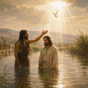 May include: A depiction of a baptism in a river featuring two figures standing in the water. One figure wears a brown tunic and raises a hand, while the other wears a light-colored robe. A white dove descends from a bright light in the sky above.