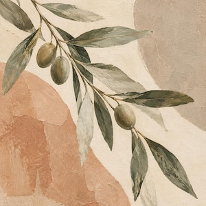 May include: A wall art print featuring a painted olive branch with green leaves and three olives. The background consists of layered, textured abstract shapes in shades of cream, beige, and terracotta, creating a collage-like appearance.