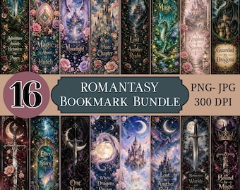 16 romantiska bokmärken, drakar, slott, svärd (digital nedladdning av PNG/JPG)