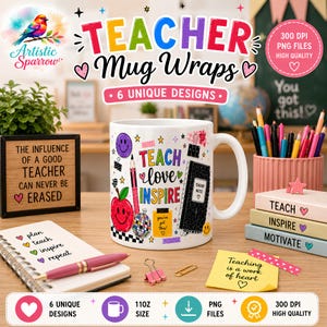 May include: A white ceramic mug with the words "TEACH love INSPIRE" and other teacher-themed graphics. The image includes a notepad, pencils, and a sign that says "The influence of a good teacher can never be erased."
