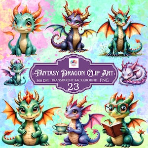 23 Fantasy Dragon Clipart PNG Bundle, Colorful Reading, Flying Poses (Digital Download)