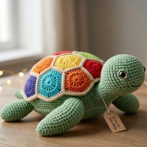 May include: A crocheted turtle toy with a light green body and a shell composed of multi-colored hexagonal patches in red, orange, yellow, blue, and purple, outlined in cream yarn. A beige tag attached to the neck reads Made with by Sarah.