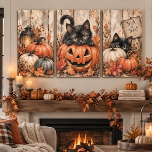 May include: A three-panel canvas wall art set featuring black kittens and pumpkins against a rustic wood background. The center panel shows a kitten on a jack-o'-lantern, while the right panel includes a sign with the text Trick or Treat.