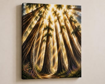 Redwood Forest Canvas Art, Sunlight Through Trees Painting, Vertical Woodland Landscape Print