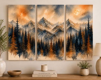 Triptych Mountain Forest Canvas Wall Art | Modern Farmhouse Landscape Prints