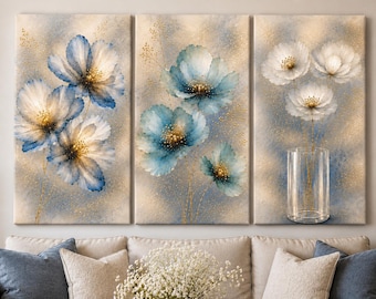 Triptych Floral Canvas Wall Art | Set of 3 Modern Farmhouse Prints