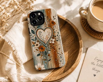Rustic Floral Heart Phone Case, Boho Cottagecore Wildflower Cover, Personalized Gift