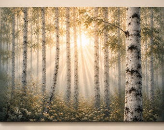 Misty Birch Forest Canvas Wall Art, Scandinavian Woodland Landscape Painting