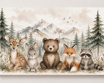 May include: A rectangular canvas print featuring a watercolor illustration of a deer, rabbit, bear, fox, and raccoon sitting together in a forest. The background displays tall pine trees and snow-capped mountains under a soft, cloudy sky.