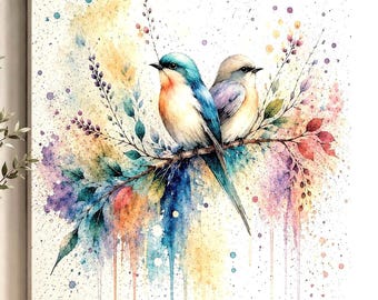 Colorful Birds Canvas Print, Watercolor Spring Artwork, Ready to Hang Home Decor