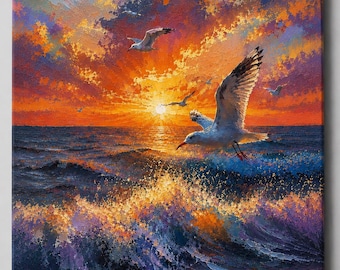 Seagulls Sunset Canvas Print | Vibrant Ocean Seascape Artwork, Beach House Decor