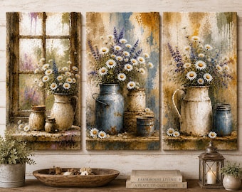 Triptych Daisy Floral Canvas Art | Farmhouse Wall Decor Set (3 Panels)