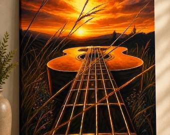 Acoustic Guitar Sunset Canvas Print | Rustic Music Lover Wall Art