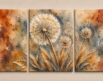 Triptych Dandelion Canvas Wall Art | Modern Farmhouse, Boho Decor Set