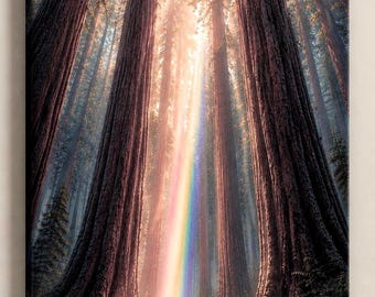 Tree of Life Forest Canvas Art, Rainbow Light Woodland Print, Rustic Nature Wall Decor