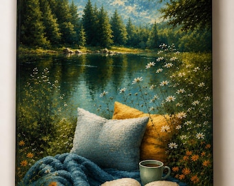 Cozy Lakeside Reading Nook Canvas Print | Cottagecore Nature Wall Art