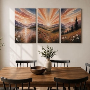 Sunrise Landscape Triptych Canvas Art | Mountain Meadow Watercolor Prints image 4