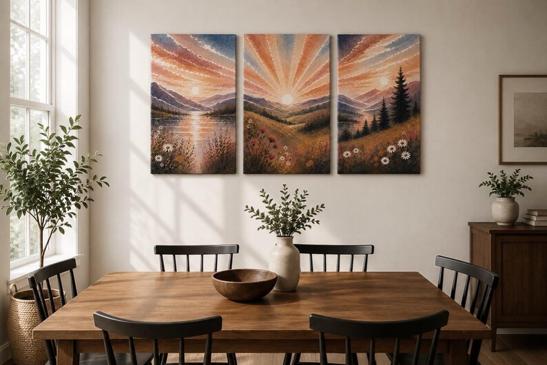 Sunrise Landscape Triptych Canvas Art | Mountain Meadow Watercolor Prints image 4