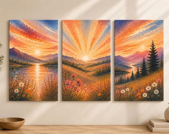 Sunrise Landscape Triptych Canvas Art | Mountain Meadow Watercolor Prints
