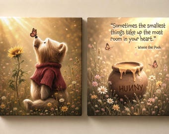 Winnie the Pooh Nursery Art Set, Bear Hunny Pot Diptych, Woodland Baby Decor