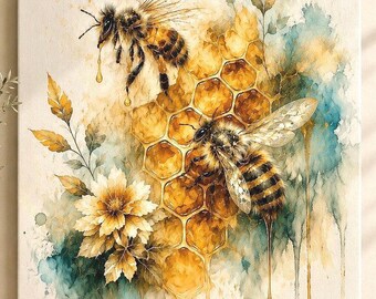 Bee Honeycomb Canvas Print, Watercolor Floral Wall Art, Ready-to-Hang Home Decor