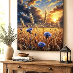 May include: A square canvas wall art print depicting a golden wheat field interspersed with vibrant blue cornflowers under a dramatic sunset sky with dark clouds and bright orange light, mounted on a wall above a wooden console table.