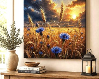 Golden Wheat Field Canvas Print | Blue Cornflower Sunset Landscape Art