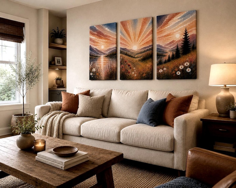 May include: A triptych wall art set featuring a continuous landscape painting of a sunrise over mountains, a lake, and a forest with wildflowers. The three rectangular canvases display warm orange, yellow, and blue hues across the sky.