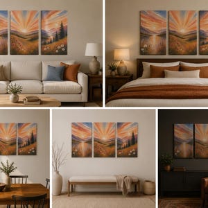 May include: A triptych wall art set featuring a landscape painting of a sunrise over rolling hills, a lake, and pine trees. The artwork displays warm orange, yellow, and blue tones with visible brushstrokes, presented in five different room settings.