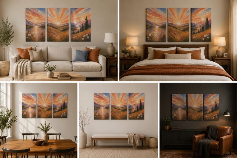 May include: A triptych wall art set featuring a landscape painting of a sunrise over rolling hills, a lake, and pine trees. The artwork displays warm orange, yellow, and blue tones with visible brushstrokes, presented in five different room settings.