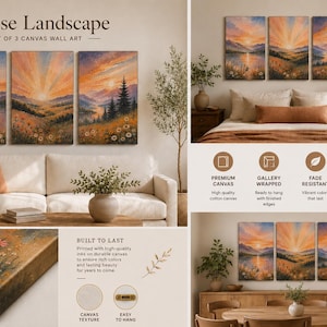 May include: A set of three canvas wall art panels titled Sunrise Landscape, featuring a painted scene of a sunrise over mountains, a lake, and a field of flowers. The set includes details on premium canvas, gallery wrapping, and fade resistance.